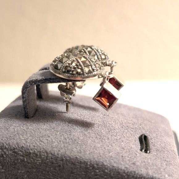 Vintage AT Sterling Marcasite Garnet Crystal Dangle Earrings - Picture 2 of 6